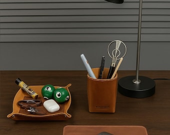 Handmade Crazy Horse Leather Desk Set, Mouse Pad, Pen Holder, Tray