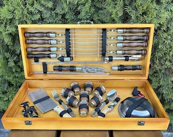Personalized Barbecue Set in Woodbox - Outdoor Cooking Gift  / Grill brushes / Grill basket / Grill accessories / Barbeсue set for camping