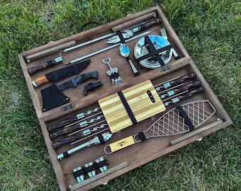 Personalized Complete BBQ / Grill accessories / Engraved Gift Set / Grill Tool Kit Set With Wood Case/  / Father&#39;s Day / 50th bbq set
