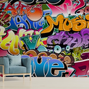 Music Life Freestyle Graffiti Wallpaper, Kids Wallpaper Peel and Stick Mural, Nursery Wallpaper, Removable Wallpaper, Nursery Wall Art Decor