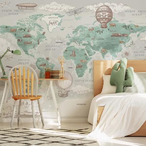 Papier peint carte du monde vert, papier peint enfant, papier peint chambre d'enfant, papier peint amovible, sticker mural chambre d'enfant, sticker mural