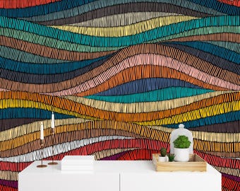 Colorful Large Scale Waves Art Wallpaper, Peel and Stick Mural Wallpaper, Removable Wallpaper Art, Vintage Wallpaper, Home Decor Wall Art
