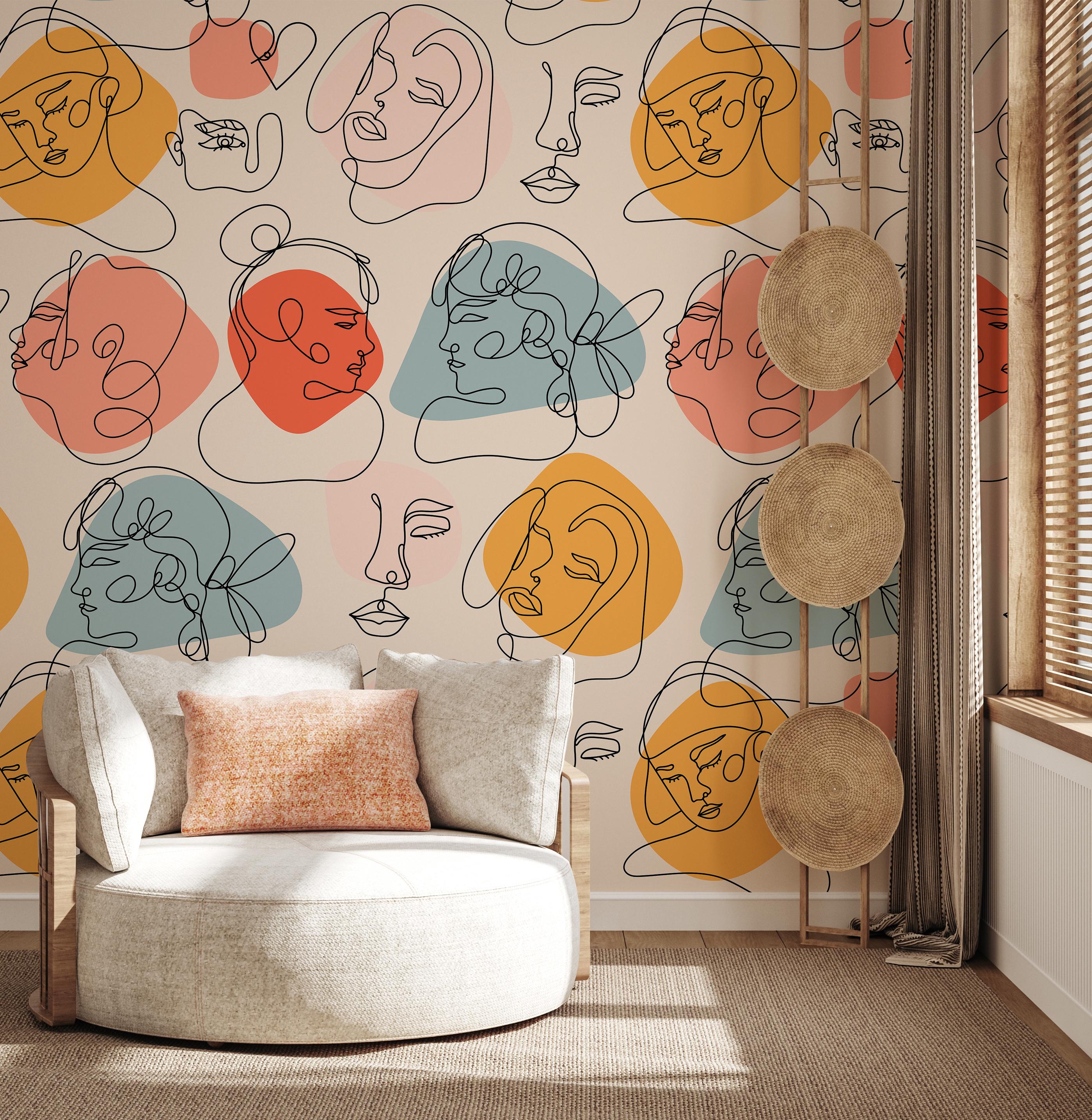 Colorful Abstract Faces Art Wallpaper, Peel and Stick Mural Wallpaper, Removable Wallpaper Art, Vintage Wallpaper, Home Decor Wall Art
