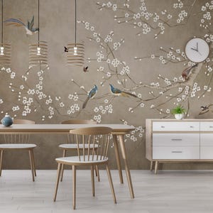 Brown Chinoiserie Birds, Floral Peel and Stick Wallpaper, Vintage Wallpaper, Botanical Wall Mural, Removable Wall Art, Minimalist Wall Deco
