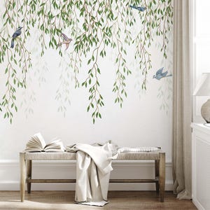 Ivy Floral Chinoiserie Birds, Floral Peel and Stick Wallpaper, Vintage Wallpaper, Botanical Wall Mural, Removable Wall Art, Minimalist Wall