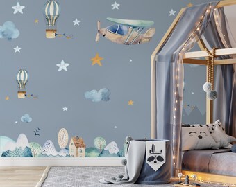 Plane on City Wallpaper, Kids Wallpaper Peel and Stick Mural, Nursery Wallpaper, Removable Wallpaper, Nursery Wall Decal, Stick on Wallpaper