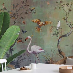 Vintage Chinoiserie Bird, Floral Peel and Stick Wallpaper, Vintage Wallpaper, Botanical Wall Mural, Removable Wall Art, Minimalist Wall Deco