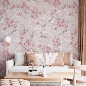 Pink Chinoiserie Birds, Floral Peel and Stick Wallpaper, Vintage Wallpaper, Botanical Wall Mural, Removable Wall Art, Minimalist Wall
