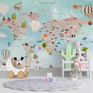 Papier peint carte du monde coloré, papier peint enfant, papier peint chambre d'enfant, papier peint amovible, sticker mural chambre d'enfant, sticker mural