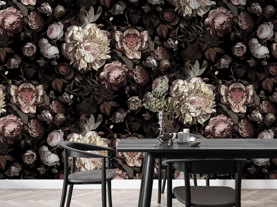 Dark Floral Peony Mural, Floral Peel and Stick Wallpaper, Vintage ...
