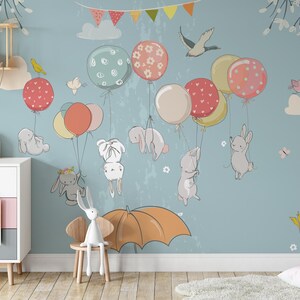 Carta da parati per bambini Happy Bunnies Balloons, carta da parati per bambini Peel and Stick Mural, carta da parati per bambini, carta da parati rimovibile, decorazioni per pareti per bambini