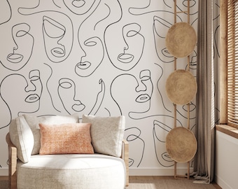 Abstract Line Art Faces Art Wallpaper, Peel and Stick Mural Wallpaper, Removable Wallpaper Art, Vintage Wallpaper, Home Decor Wall Art