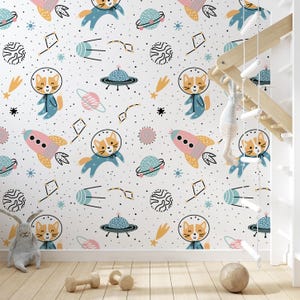 Carta da parati con motivo spaziale astronauta, carta da parati per bambini, murale staccabile e attaccabile, carta da parati per bambini, carta da parati rimovibile, decorazione artistica da parete per bambini