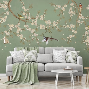 Green Flower Chinoiserie, Floral Peel and Stick Wallpaper, Vintage Wallpaper, Botanical Wall Mural, Removable Wall Art, Minimalist Wall Deco