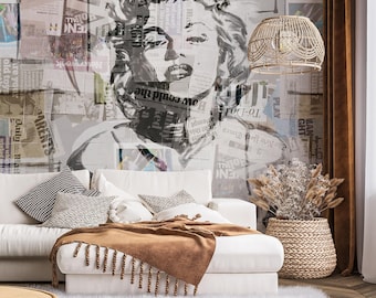 Marilyn Monroe Newspaper Art Wallpaper, Peel and Stick Mural Wallpaper, Removable Wallpaper Art, Vintage Wallpaper, Home Decor Wall Art