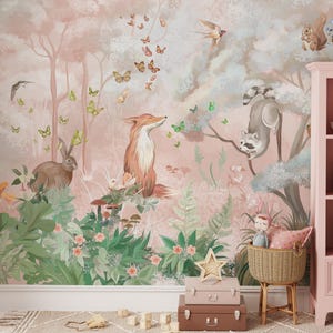 Carta da parati per bambini con animali della foresta rosa, carta da parati per bambini da staccare e attaccare, carta da parati per bambini, carta da parati rimovibile, decorazioni per pareti per bambini