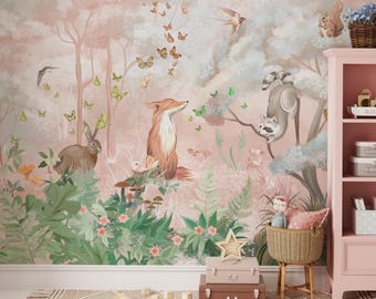 Pink Forest Animals Nursery Wallpaper, Kids Wallpaper Peel and Stick Mural, Nursery Wallpaper, Removable Wallpaper, Nursery Wall Decor