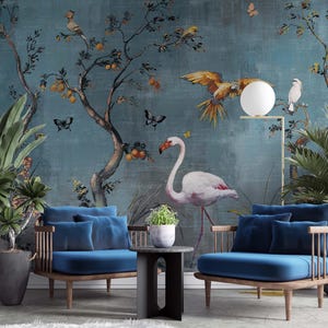 Blue Chinoiserie Birds, Floral Peel and Stick Wallpaper, Vintage Wallpaper, Botanical Wall Mural, Removable Wall Art, Minimalist Wall Deco