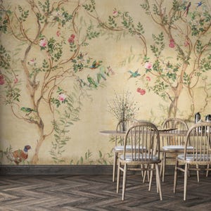 Spring Flower Chinoiserie Floral Peel and Stick Wallpaper, Vintage Wallpaper, Botanical Wall Mural, Removable Wall Art, Minimalist Wall Deco