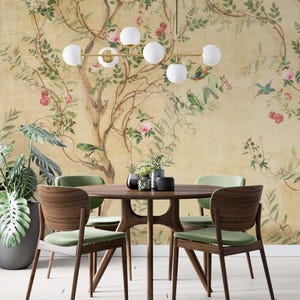 Yellow Chinoiserie Birds, Floral Peel and Stick Wallpaper, Vintage Wallpaper, Botanical Wall Mural, Removable Wall Art, Minimalist Wall Deco