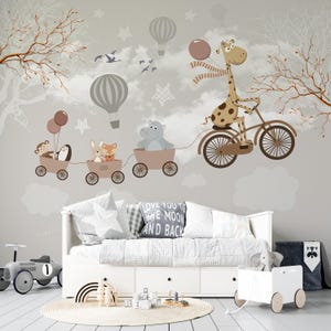 Cute Animals on Cycle Nursery Wallpaper, Kids Wallpaper Peel and Stick Mural, Nursery Wallpaper, Removable Wallpaper, Nursery Wall Art Decor