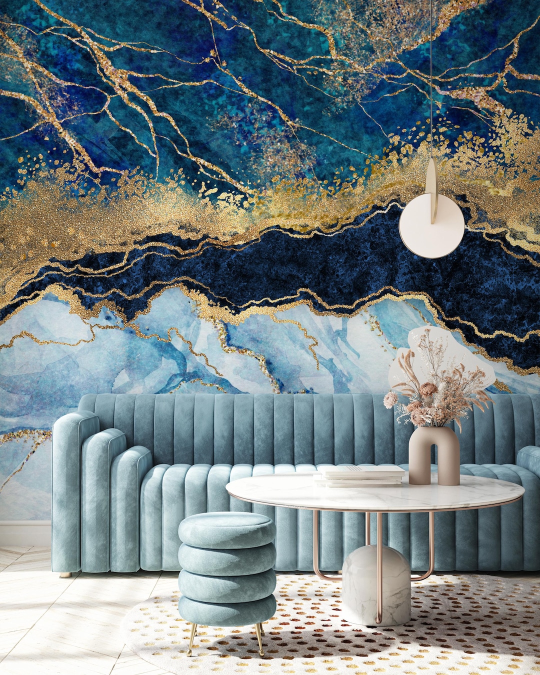 Blue Gold Marble Design, Marble Wallpaper, Peel and Stick Wallpaper ...