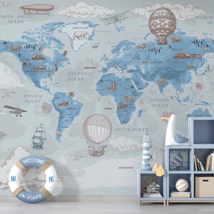 Papier peint carte du monde bleu, papier peint enfant, papier peint chambre d'enfant, papier peint amovible, sticker mural chambre d'enfant, sticker mural