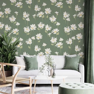 Fiore di margherita con carattere verde, carta da parati floreale staccabile e attaccabile, carta da parati vintage, murale botanico, arte murale rimovibile, decorazione murale minimalista
