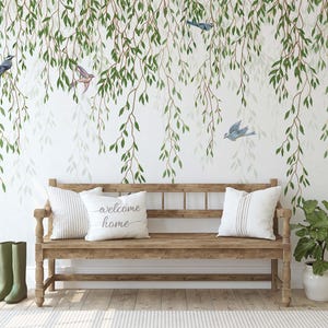 Ivy Chinoiserie Birds, Floral Peel and Stick Wallpaper, Vintage Wallpaper, Botanical Wall Mural, Removable Wall Art, Minimalist Wall Deco