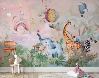 Cute Pink Animals Nursery Wallpaper, Kids Wallpaper Peel and Stick Mural, Nursery Wallpaper, Removable Wallpaper, Nursery Wall Art Decor