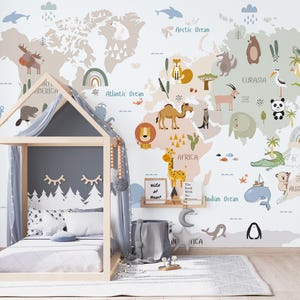 Papier peint carte du monde animaux, papier peint enfant, papier peint chambre d'enfant, papier peint amovible, sticker mural chambre d'enfant, sticker mural