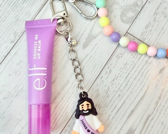 Lip Balm Jesus Loves You Keychain, Beaded Lanyard, Christian Gift for Girls