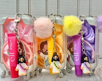 Christian Mini Suitcase Keychain Gift, Lip Balm, Cross Bracelet, Jesus Charm