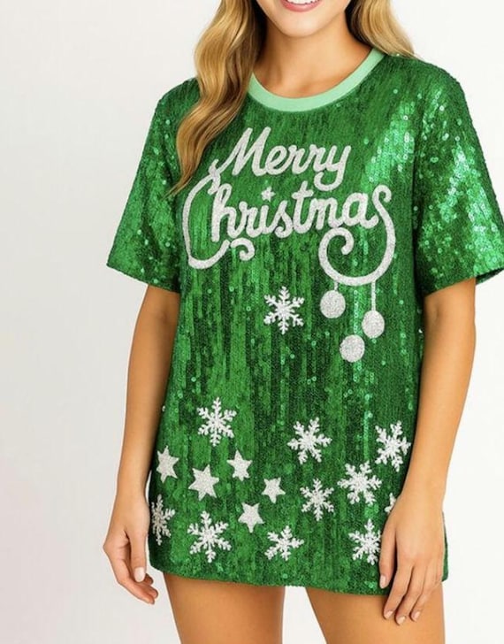 white christmas dresses Merry Sequin T-Shirt Dress