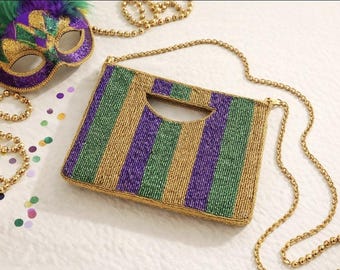 Festive Mardi Gras Purple Green Gold Seed Beaded Tote Crossbody Bag Purse