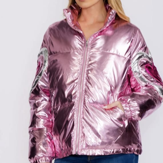 Shiny Pink Metallic Valentine's Day Heart Zipper Puffer Jacket