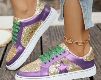 Festive Mardi Gras Purple & Gold Glitter Star Lace-Up Sneakers