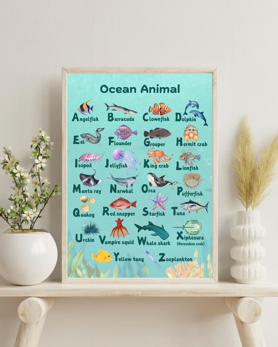 Ocean Animal Alphabet for Kids Room Decor Educational Poster Digital ...