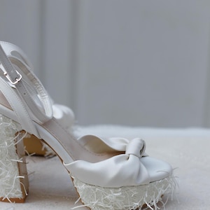 Handmade White Satin Knot Bridal Heels: Lace Platform Wedding Shoes