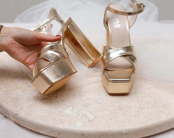 Mat Gold Bridal Platform Heels - 13cm Block Heel Wedding Shoes