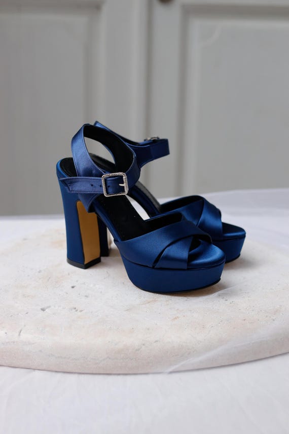 Navy Blue Satin Bridal Heels: Handmade Platform Wedding Shoes