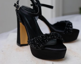Handmade Black Crystal Platform Heels – Satin Wedding Shoes