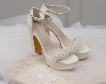 Handmade Bridal Platform Heels with 13cm Heel, Elegant Wedding Shoes with Stone Embellishments, Non-Slip Durable Sole, Sizes 33-43