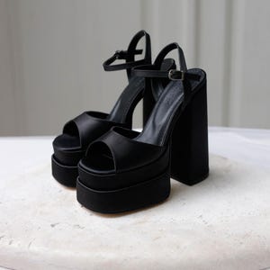 Black Satin Platform Heels 16cm: Chunky Bridal Wedding Shoes