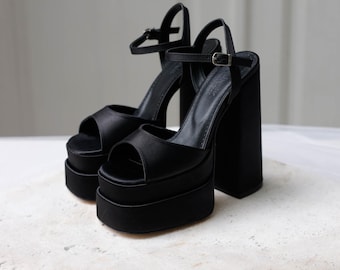 Black Satin Platform Heels 16cm: Chunky Bridal Wedding Shoes