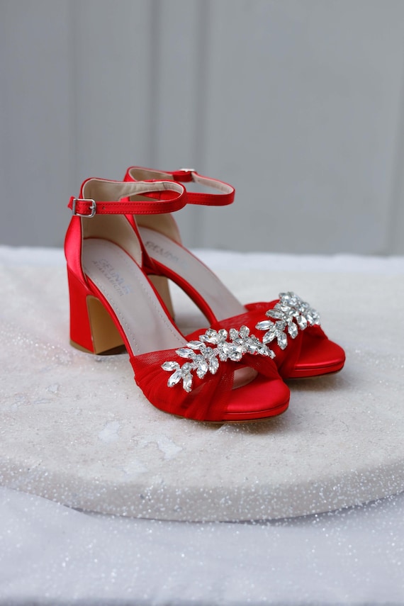 red heels for wedding dress Red Satin & Lace Wedding Shoes Sexy Heels, 3 1/2" Closed Toe Heels, Pointy  Toe Pumps, Crimson Satin, Red Wedding, Holiday Shoes, True Red