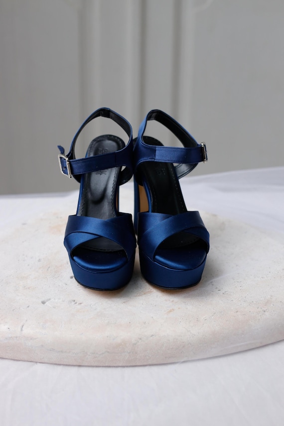 Navy Blue Satin Bridal Heels: Handmade Platform Wedding Shoes