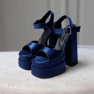 Blue Satin Platform Heels: Chunky 16cm Bridal Wedding Shoes