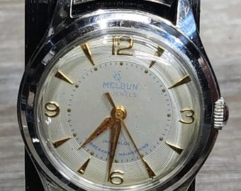 Vintage Melbun Incabloc Watch Mens 17 Jewels White Dial Military 1950s, Working