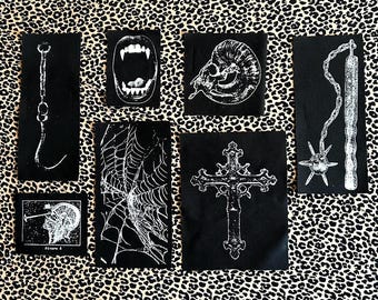 Goth Canvas Patches: Vampire Mouth, Ram Skull, Cross, Spiderweb Designs